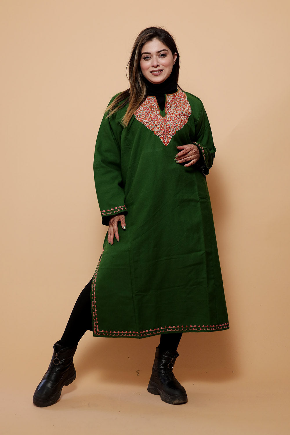 Green Color Kashmiri Work Embroidered Phiran Enriched