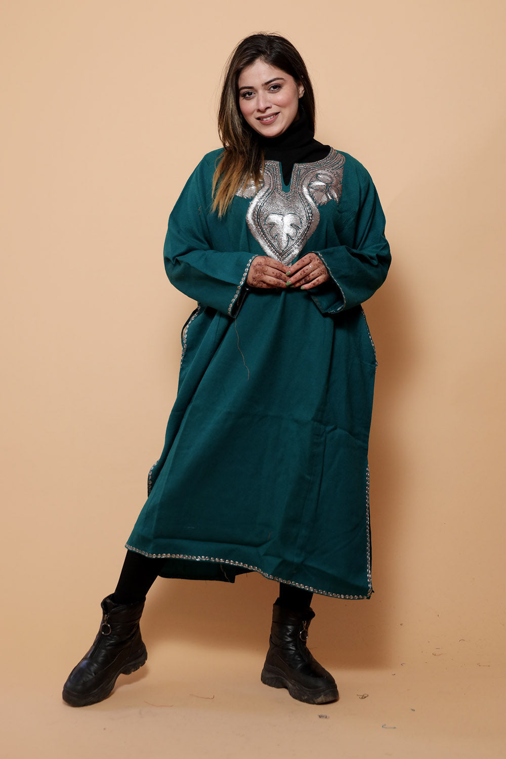 Green Color Kashmiri Work Embroidered Phiran Enriched