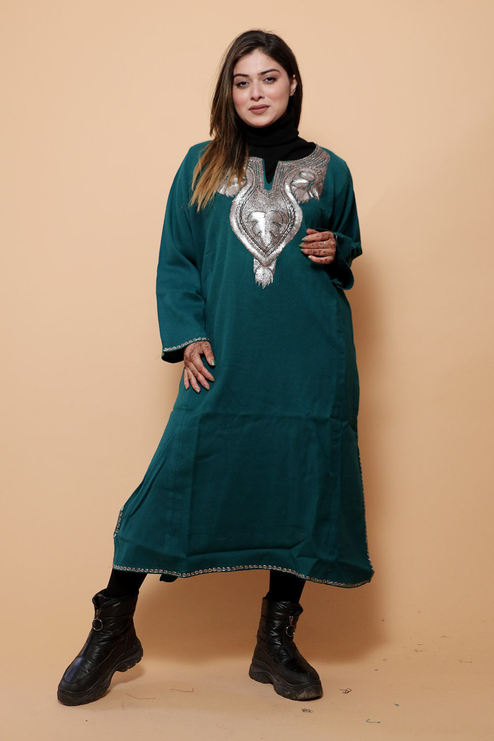 Green Color Kashmiri Work Embroidered Phiran Enriched