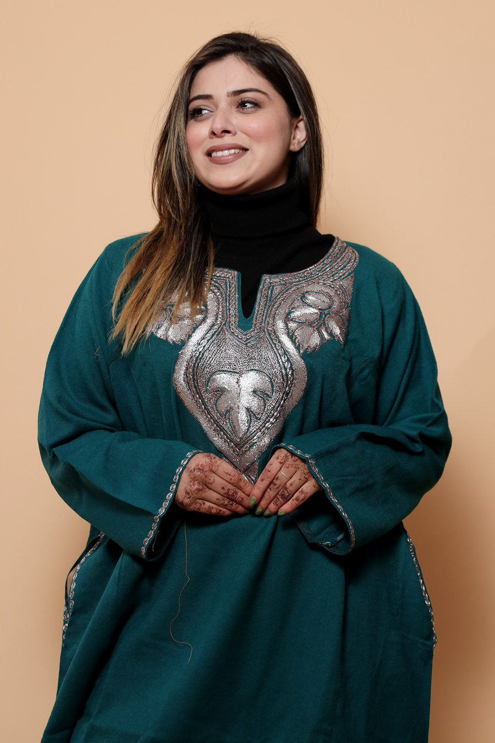 Green Color Kashmiri Work Embroidered Phiran Enriched