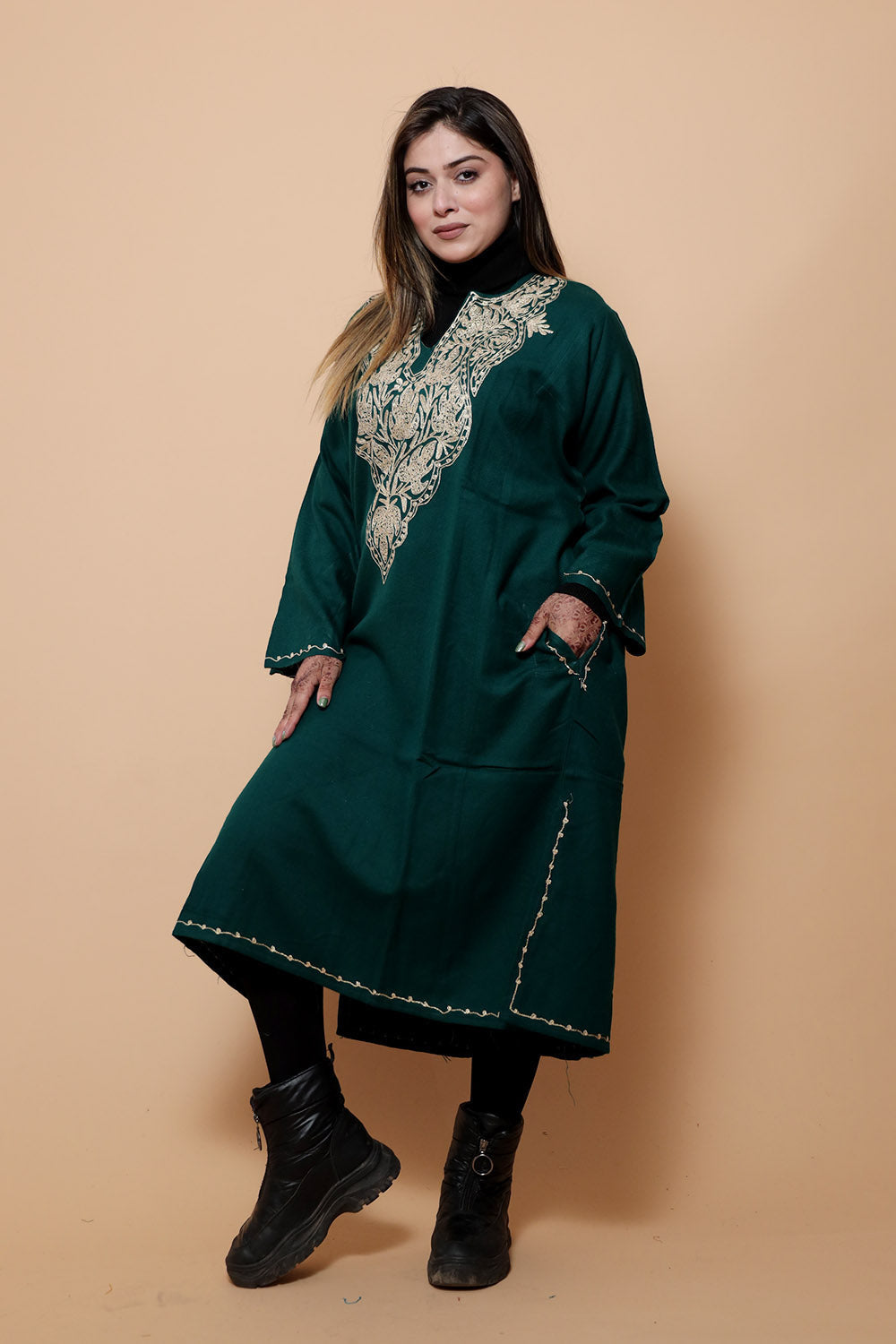 Green Color Kashmiri Work Embroidered Phiran Enriched