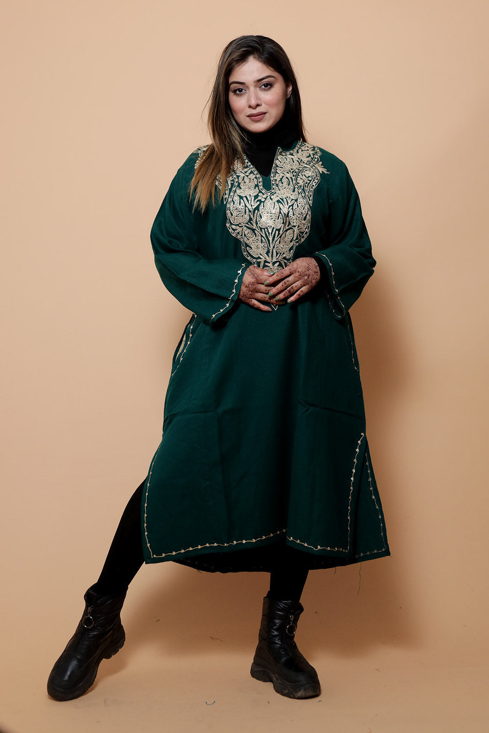 Green Color Kashmiri Work Embroidered Phiran Enriched