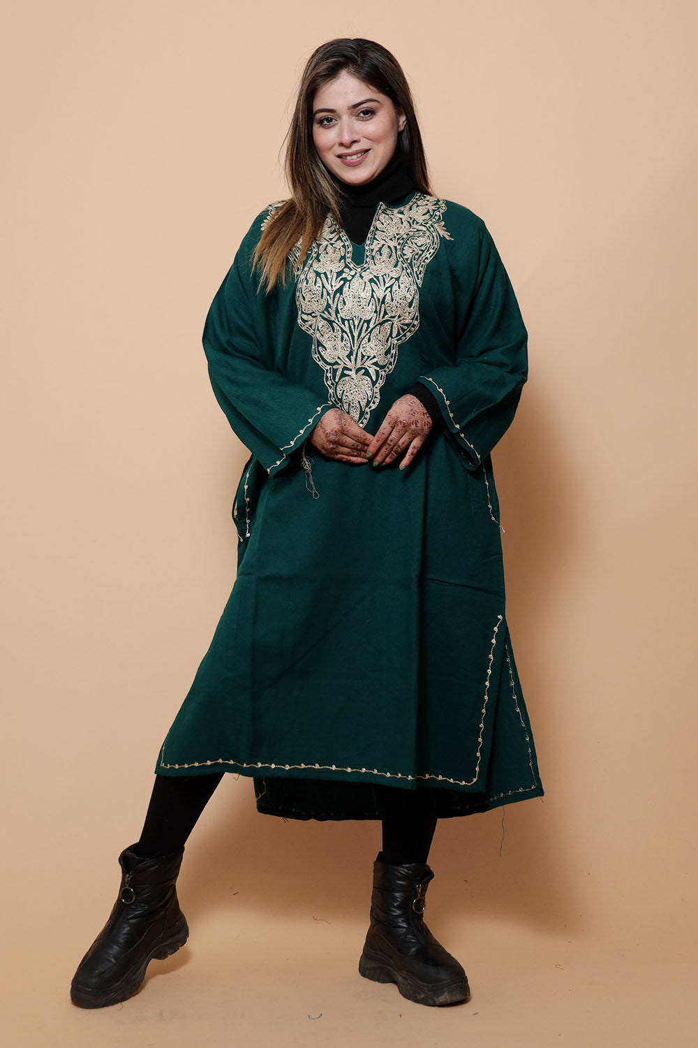 Green Color Kashmiri Work Embroidered Phiran Enriched