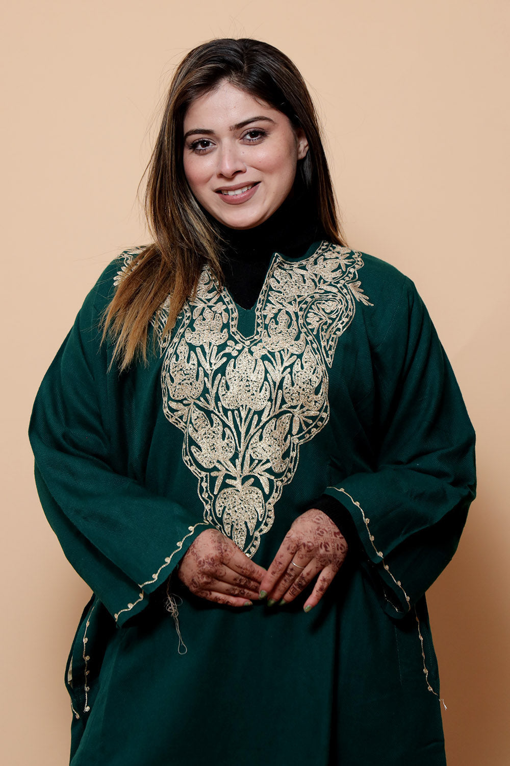 Green Color Kashmiri Work Embroidered Phiran Enriched