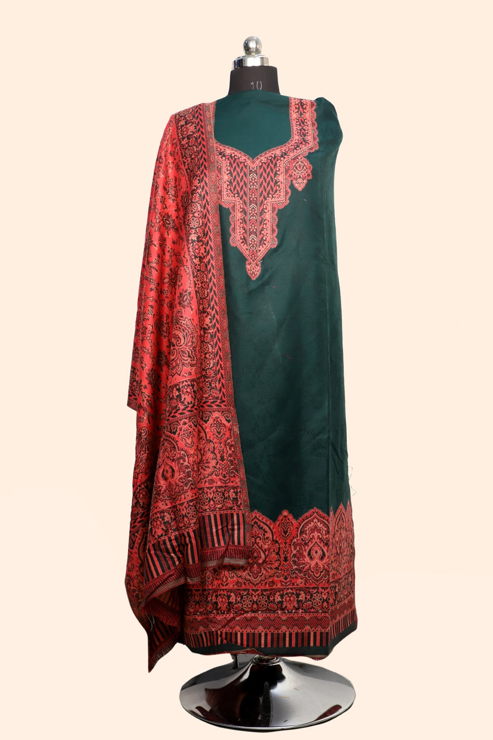 Green Color Woolen Kashmiri Kani Work Unstitched Suit Fabric