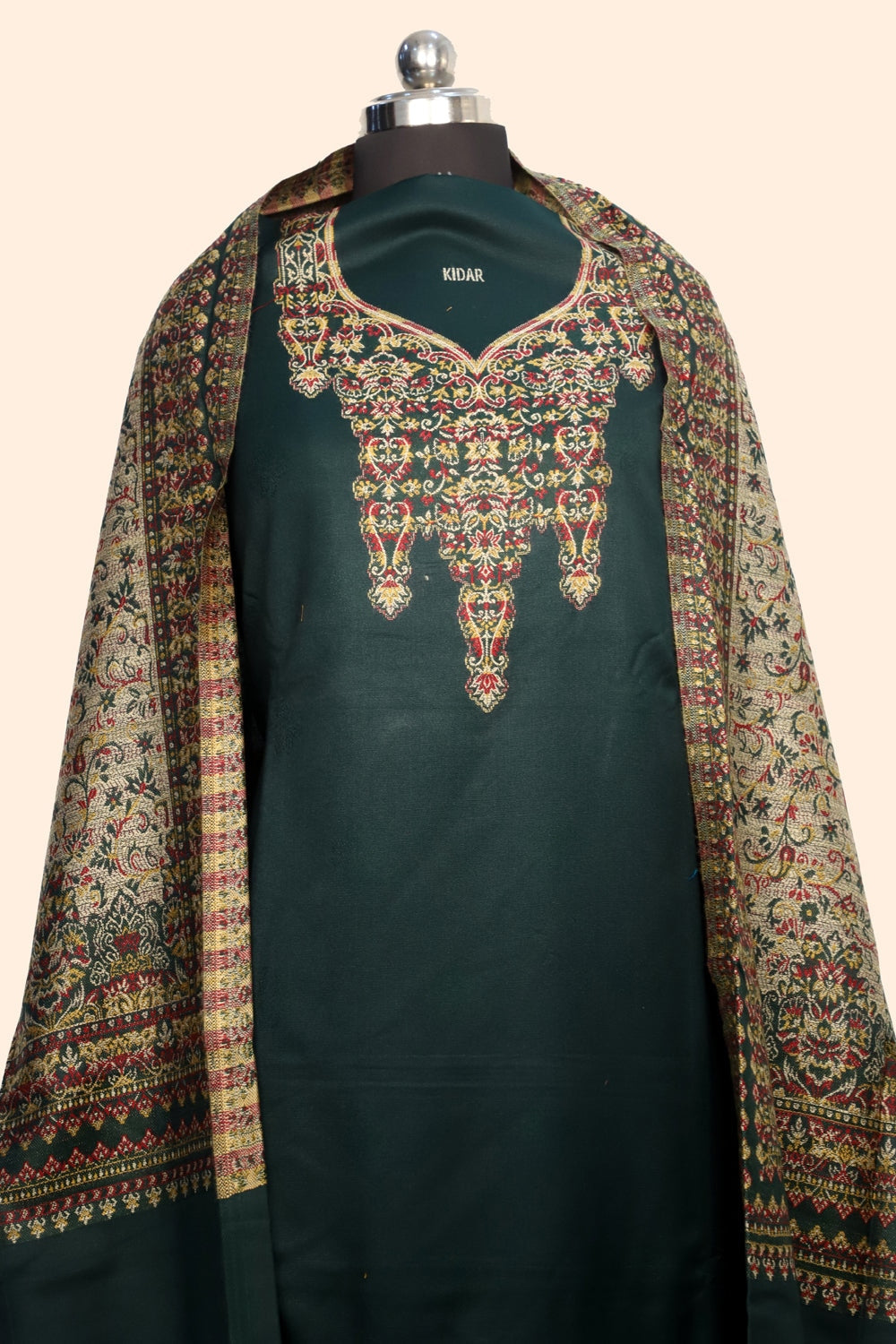 Green Color Woolen Kashmiri Kani Work Unstitched Suit