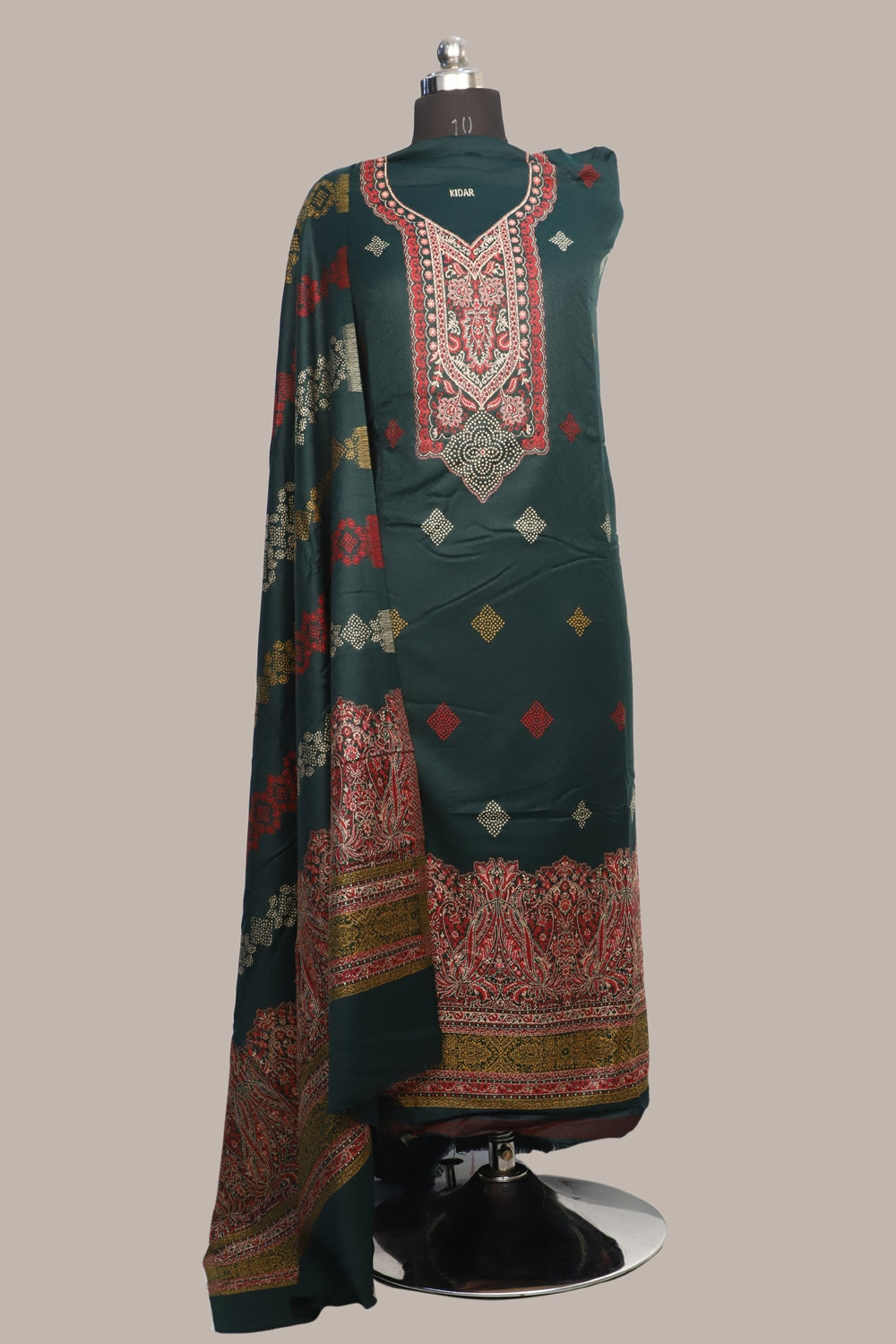 Green Color Woolen Kashmiri Kani Work Unstitched Suit Fabric