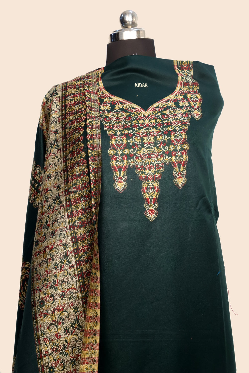 Green Color Woolen Kashmiri Kani Work Unstitched Suit