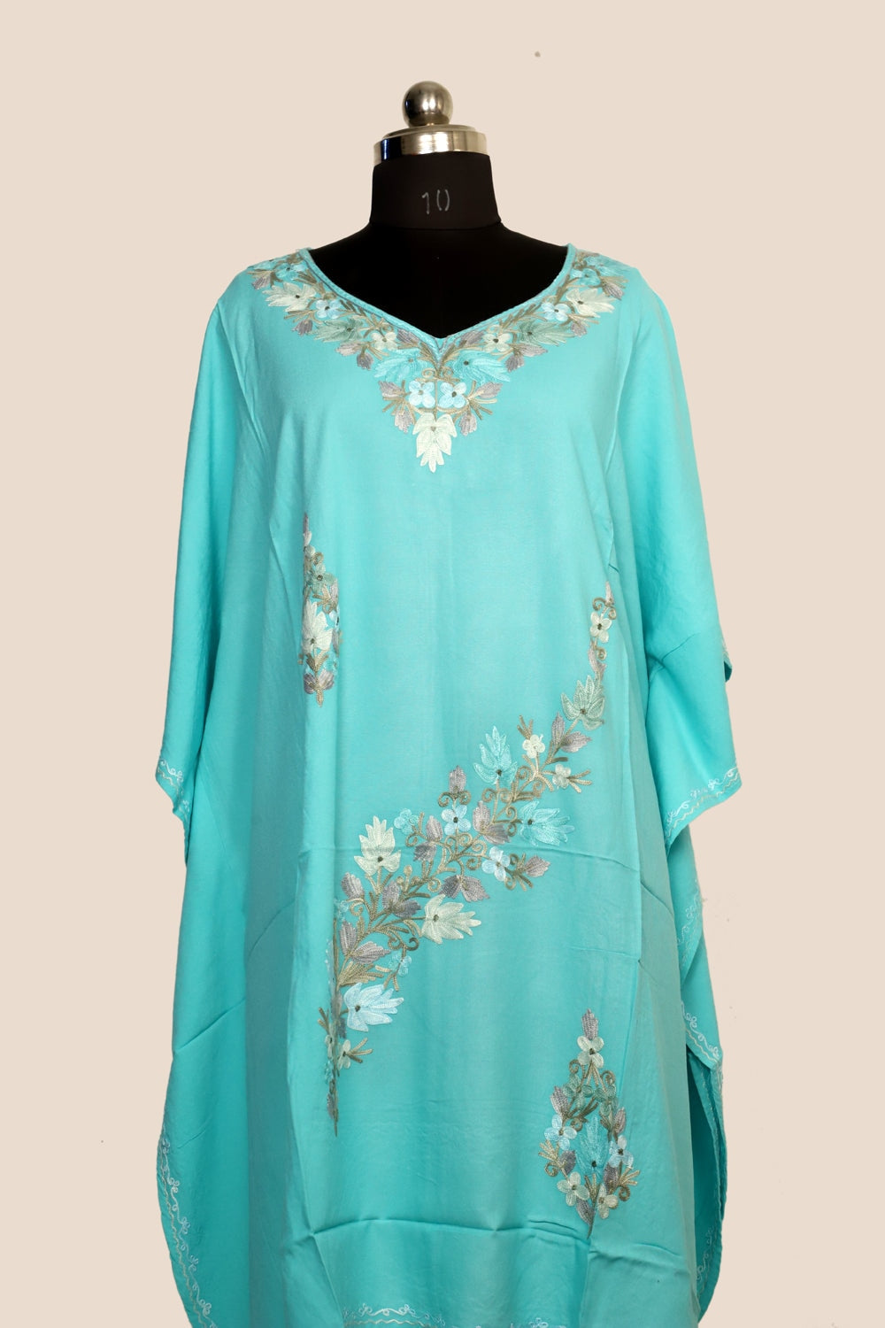 Sea Green Colour Cotton Kashmiri Aari Work Designer Kaftan