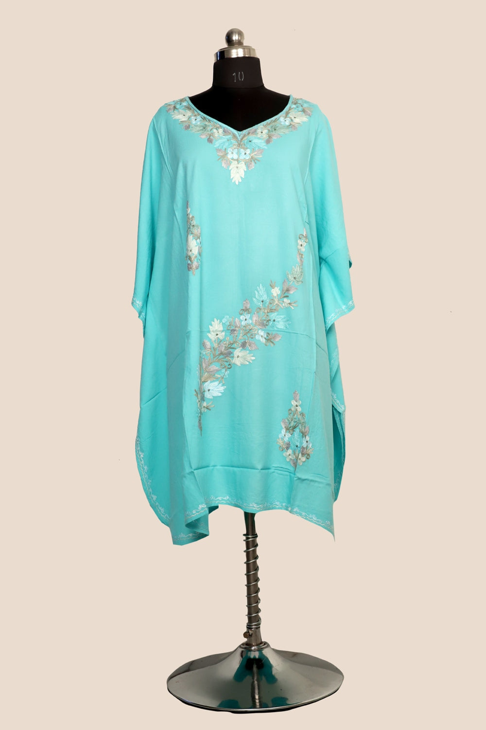 Sea Green Colour Cotton Kashmiri Aari Work Designer Kaftan