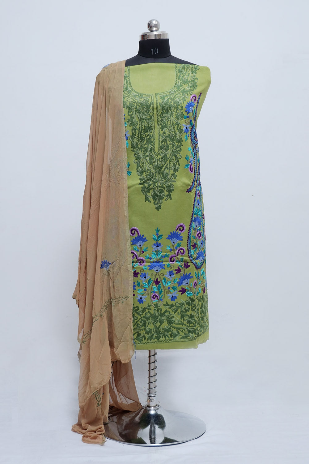 Green Colour Cotton Suit With Over All Kashmiri Jaal Highly