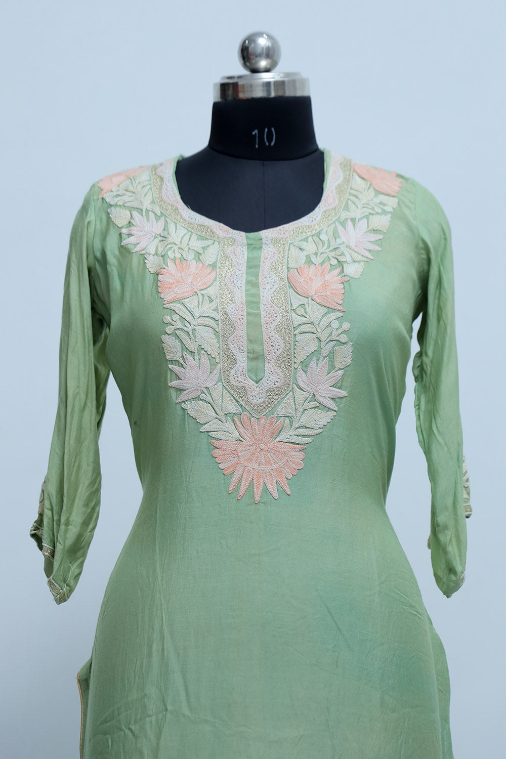 Green Colour Kashmiri Crepe Kurti With Beautiful Aari