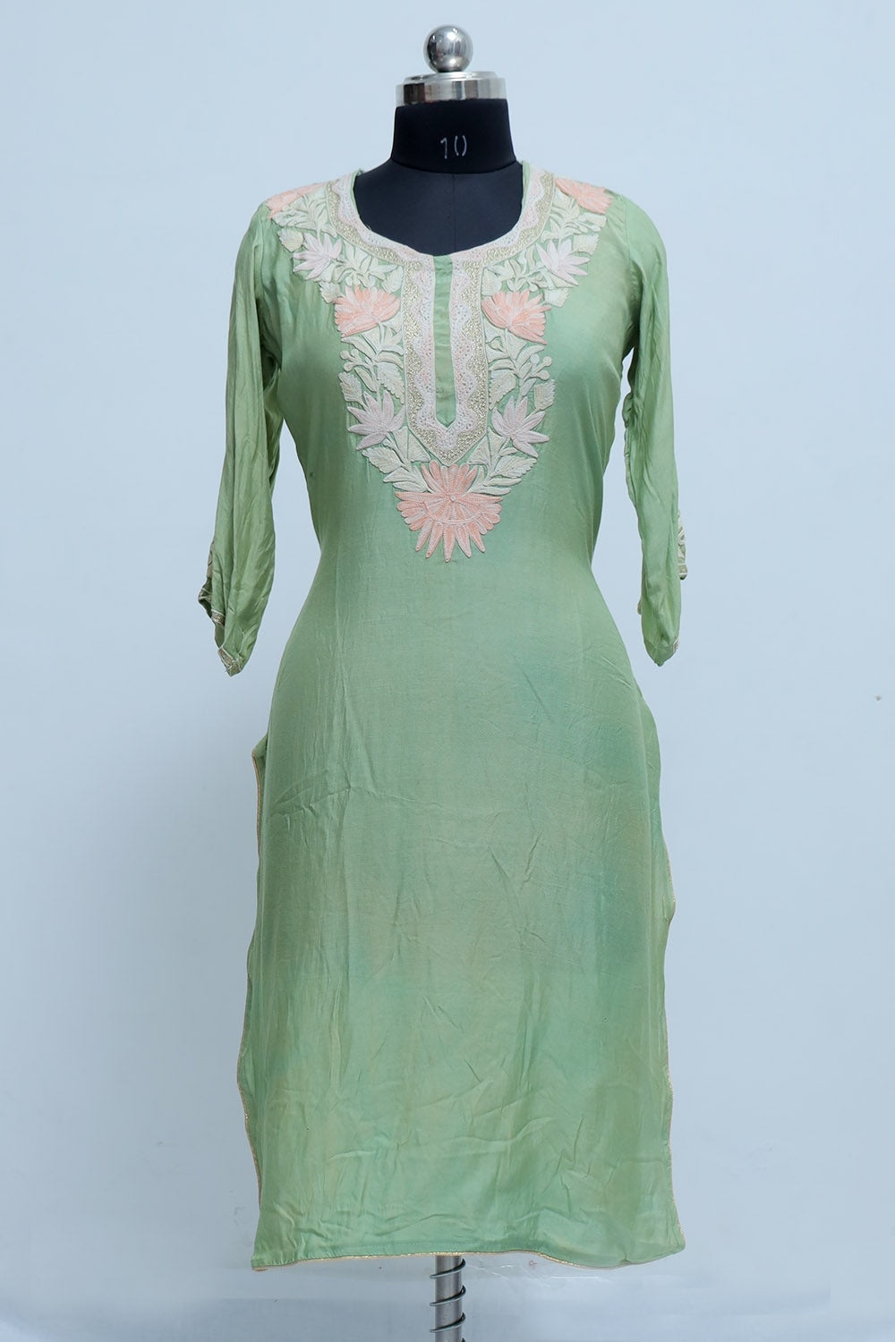 Green Colour Kashmiri Crepe Kurti With Beautiful Aari