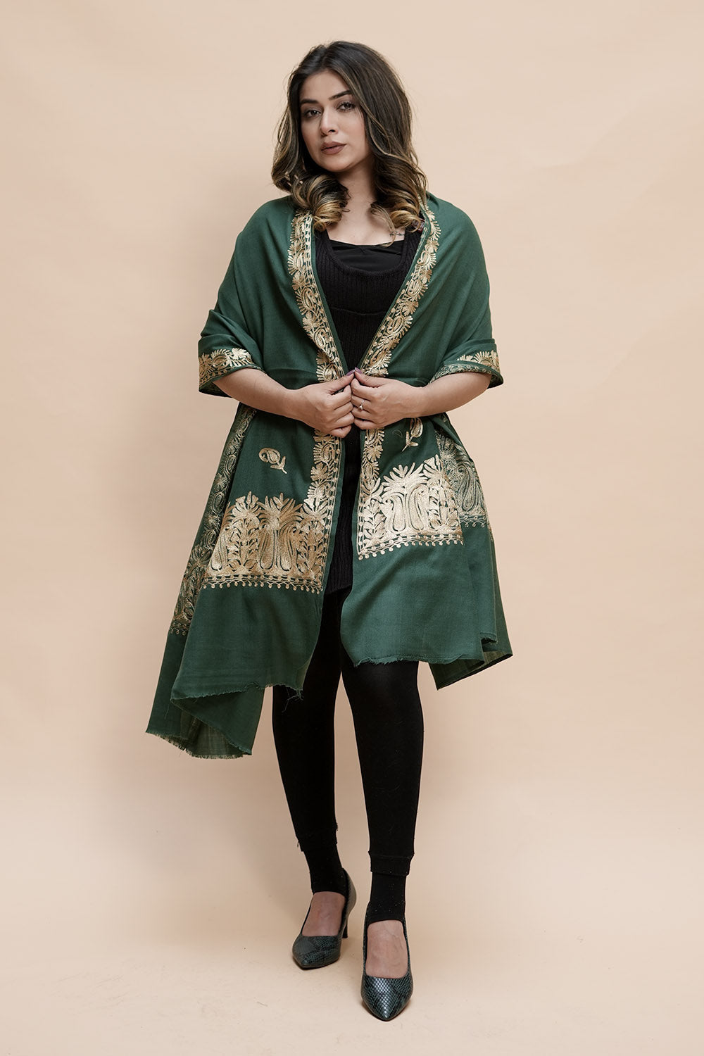 Green Colour Semi Pashmina Shawl Enriched With Ethnic Heavy