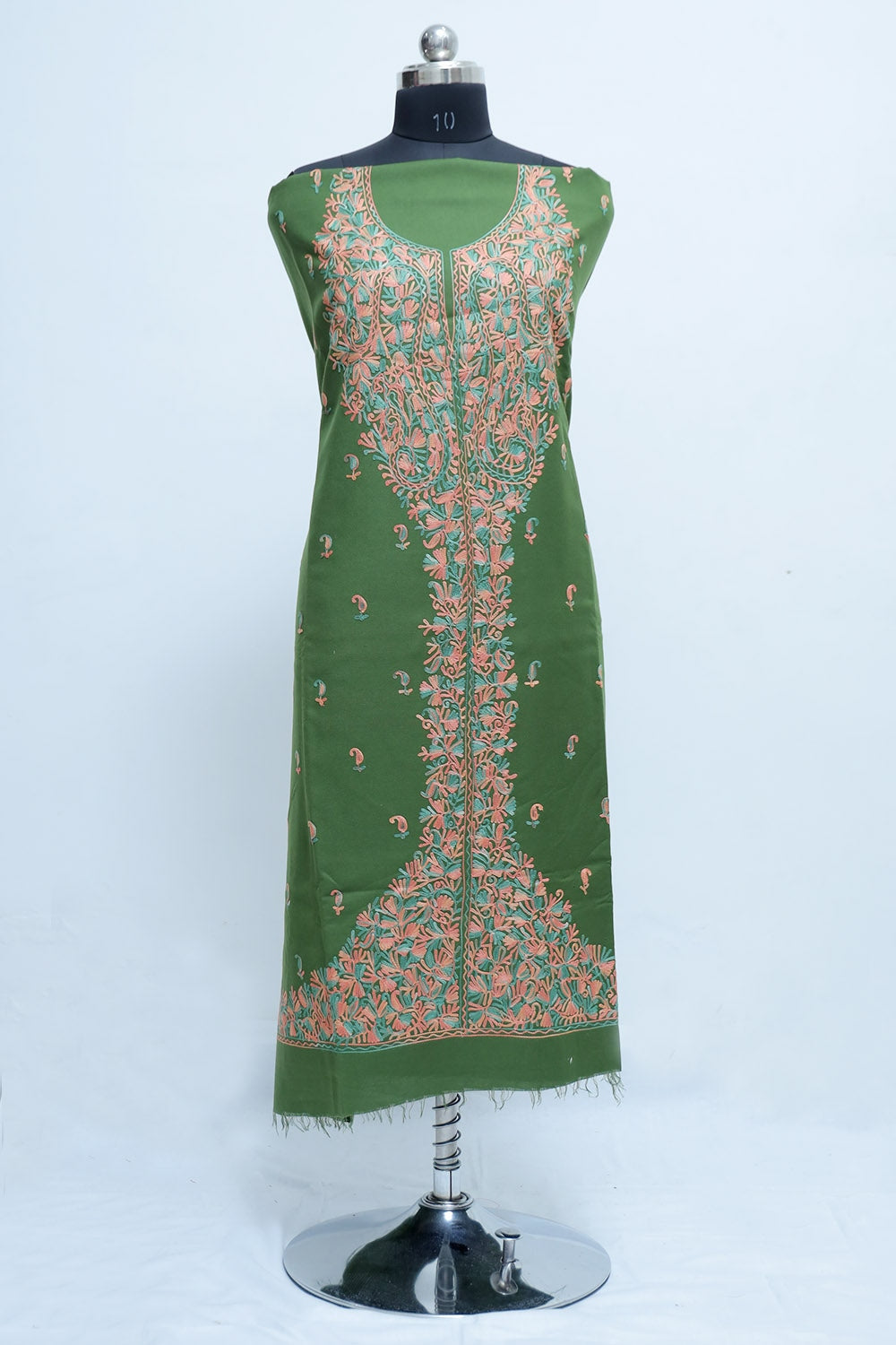 Green Colour Wool Aari Work Suit With Multi colour