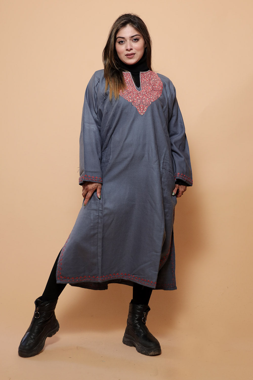 Grey Color Kashmiri Work Embroidered Phiran Enriched