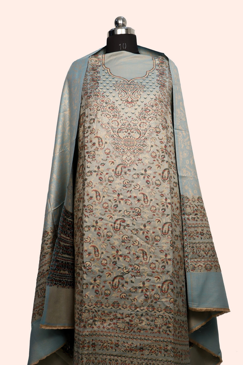 Grey Color Woolen Kashmiri Kani Work Unstitched Suit Fabric