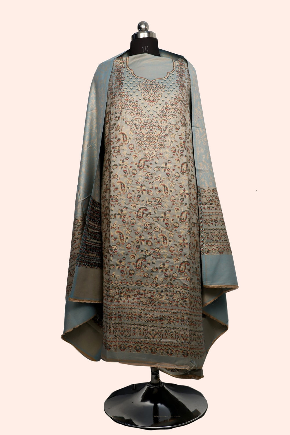 Grey Color Woolen Kashmiri Kani Work Unstitched Suit Fabric