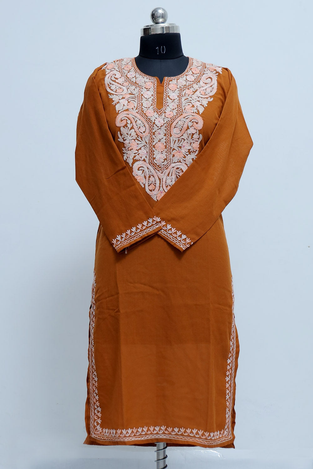 kashmiri mustard color aari work embroidered kurti designer floral pattern woolen kurtis 345