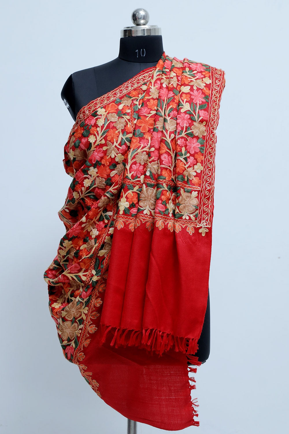 Red Kashmiri Work Embroidered Shawl Enriched With Four Sided