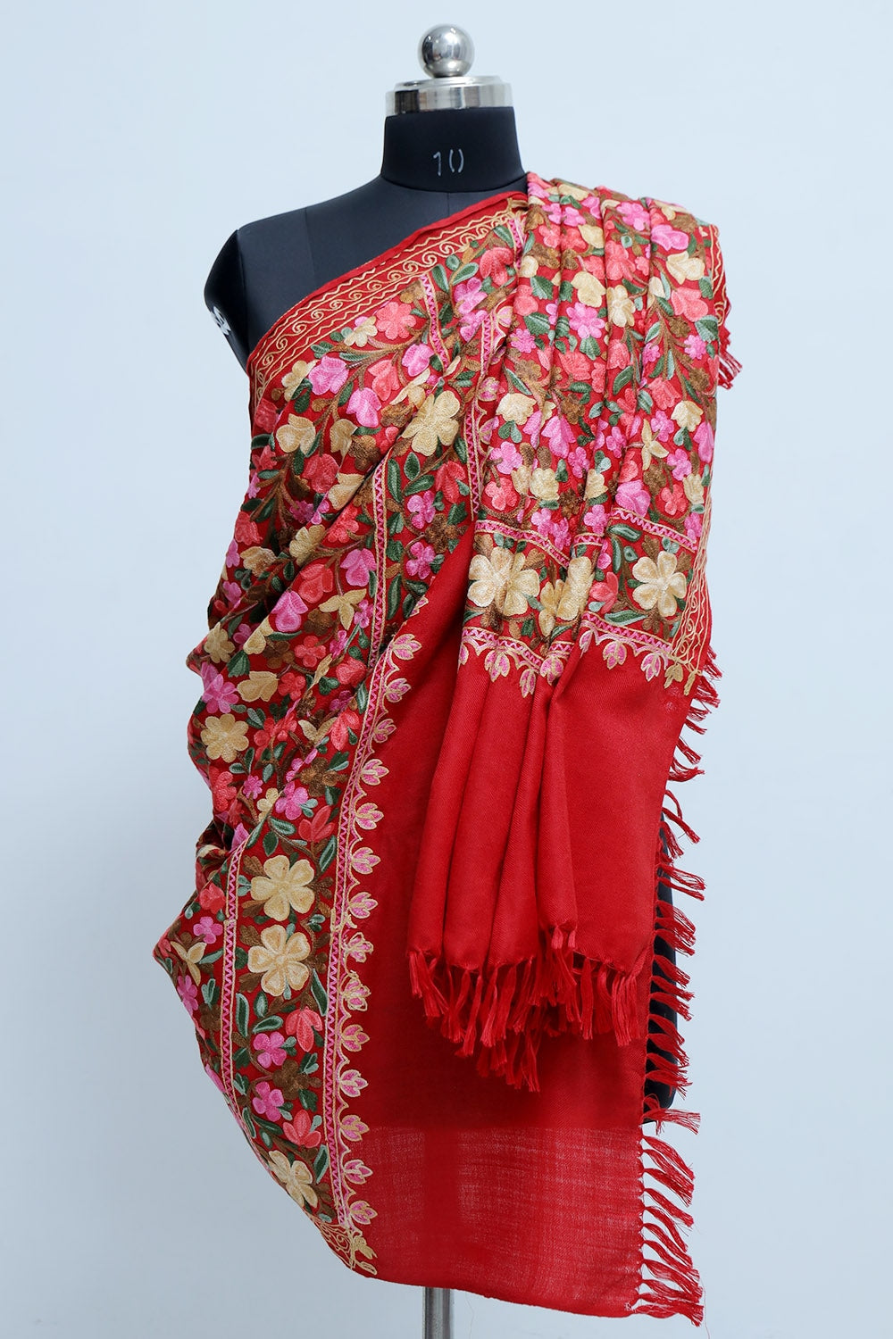 Red Kashmiri Work Embroidered Shawl Enriched With Four Sided
