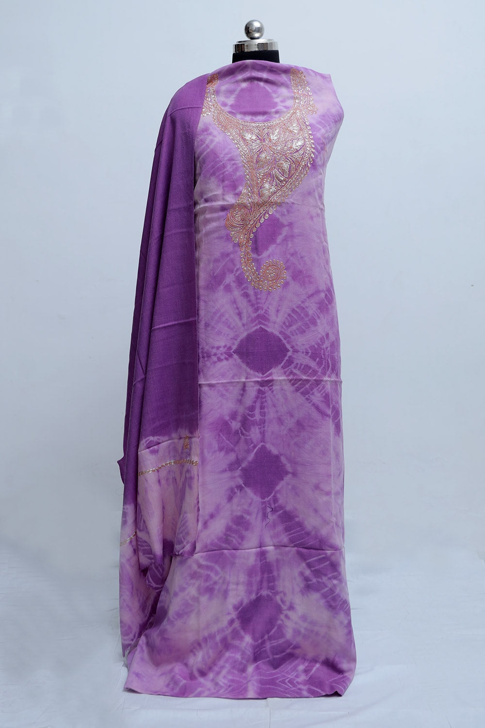 Lavender Color Tye And Dye Semi Pashmina Suit Having Tilla