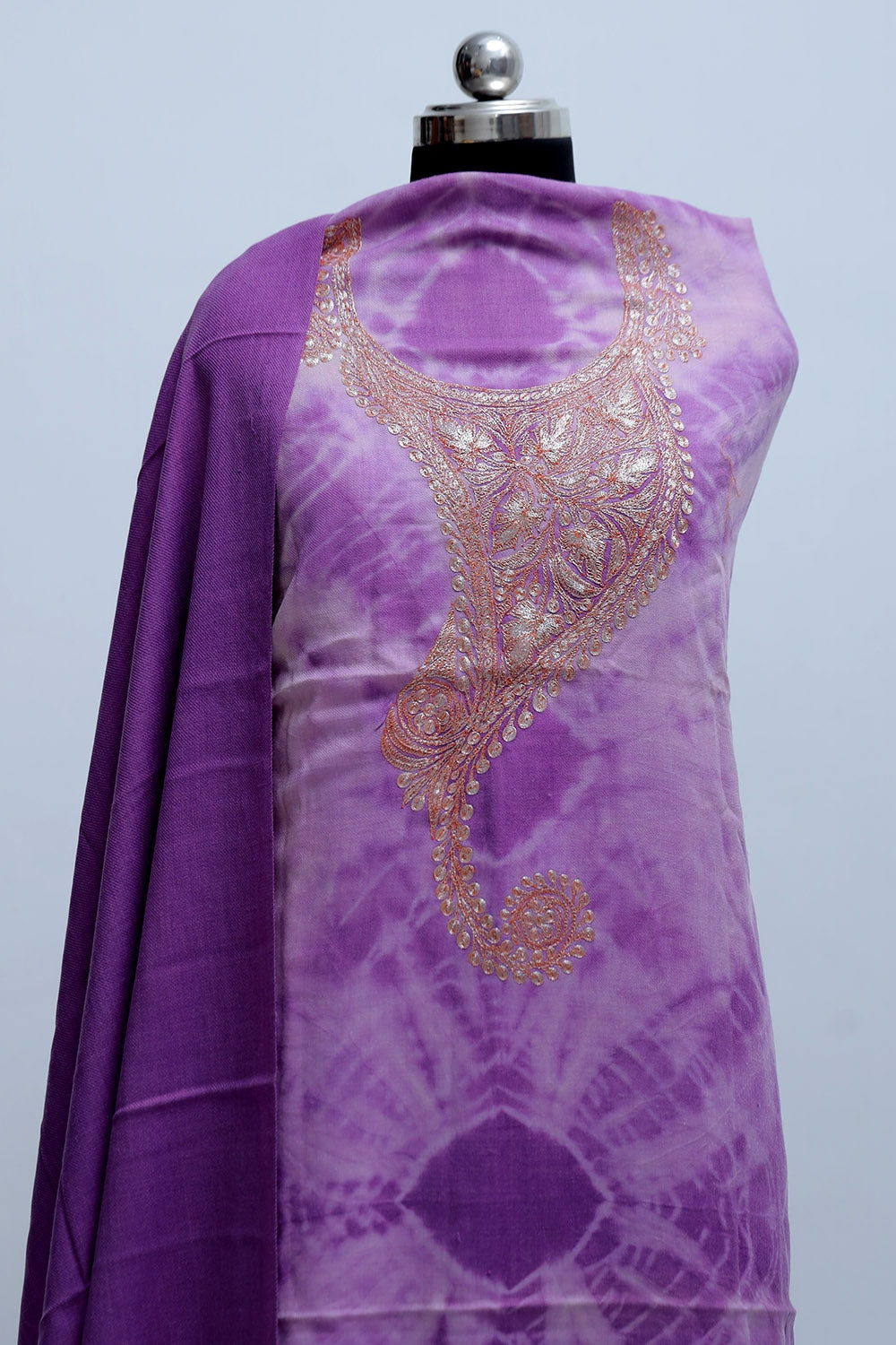 Lavender Color Tye And Dye Semi Pashmina Suit Having Tilla
