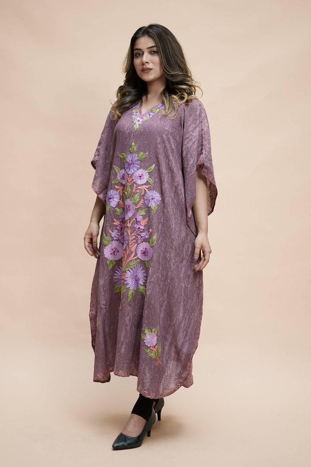 Lavender Colour Crush Cotton Kashmiri Aari Work Designer