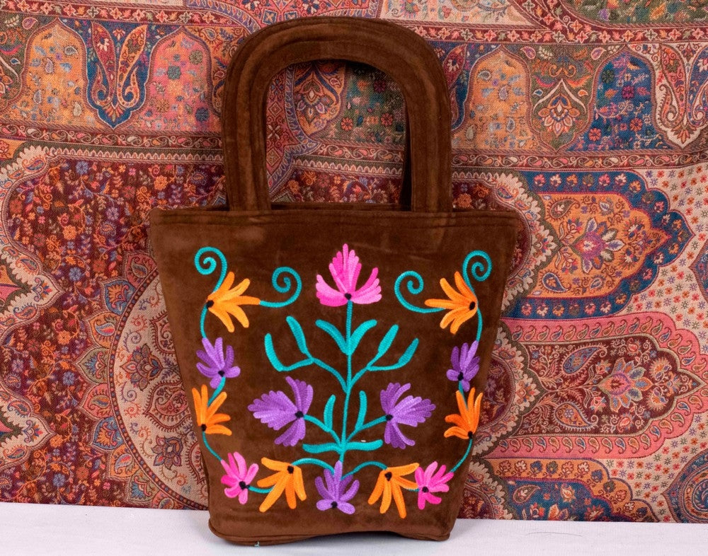 Suede Leather Kashmiri Work Hand Bag