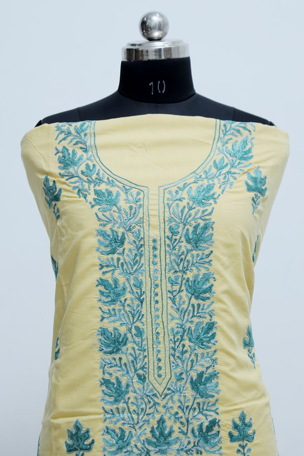 Lemon Colour Cotton Suit With Beautiful Kashmiri Embroidery