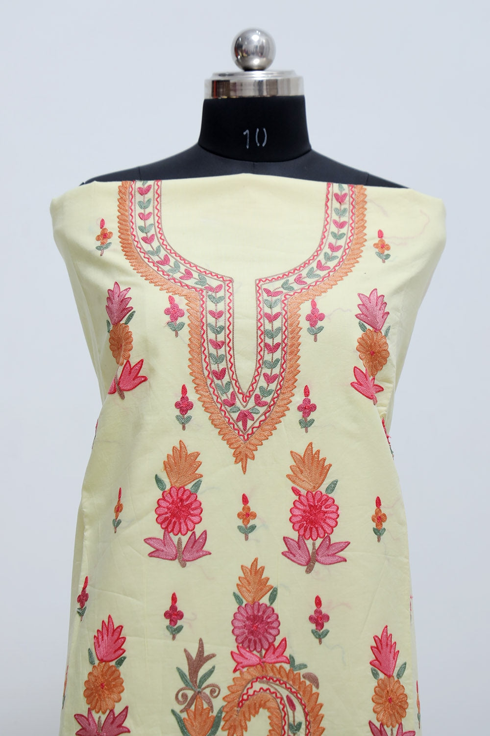 Lemon Colour Designer Aari Work Suit With Floral Motif