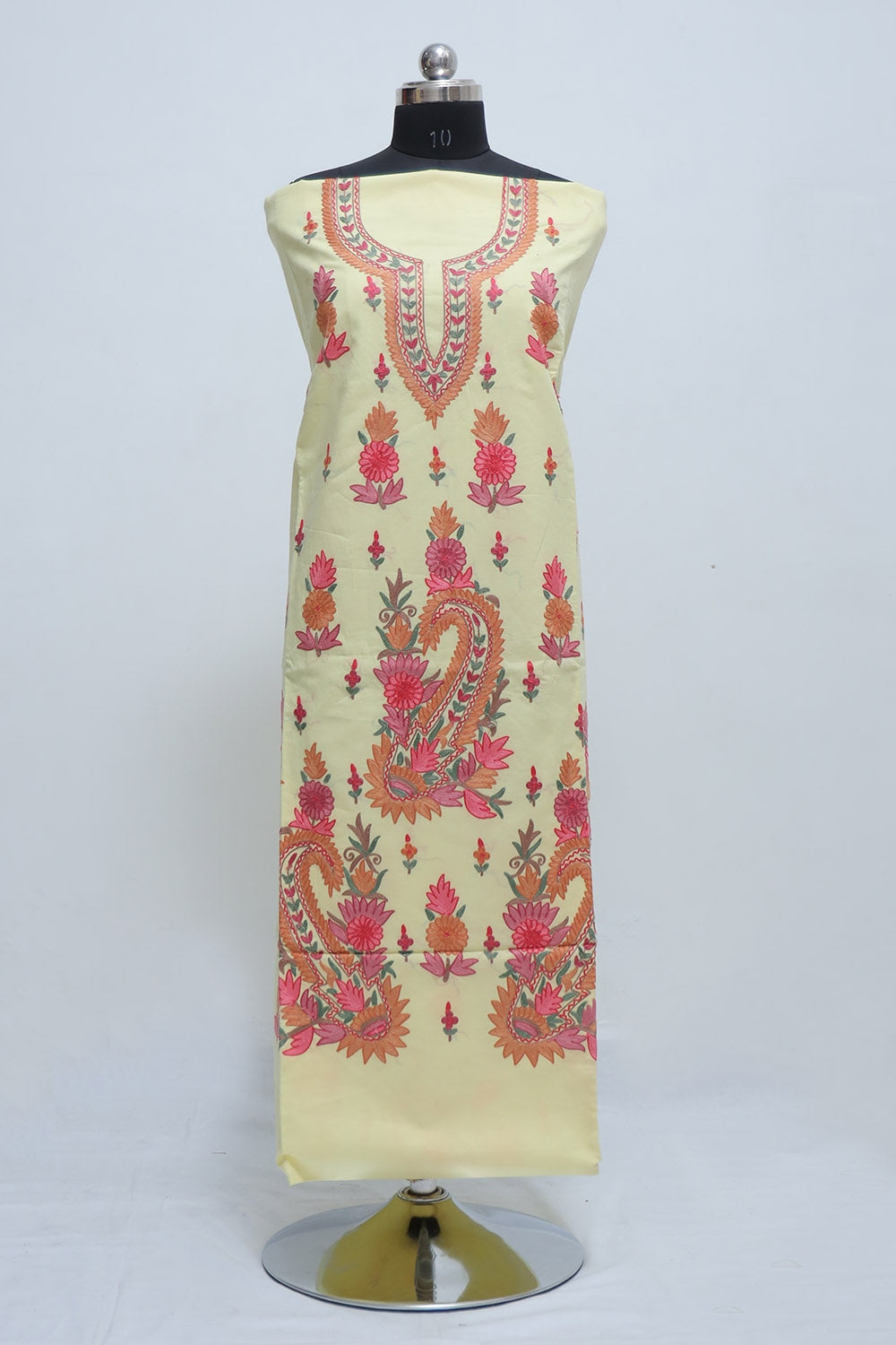 Lemon Colour Designer Aari Work Suit With Floral Motif