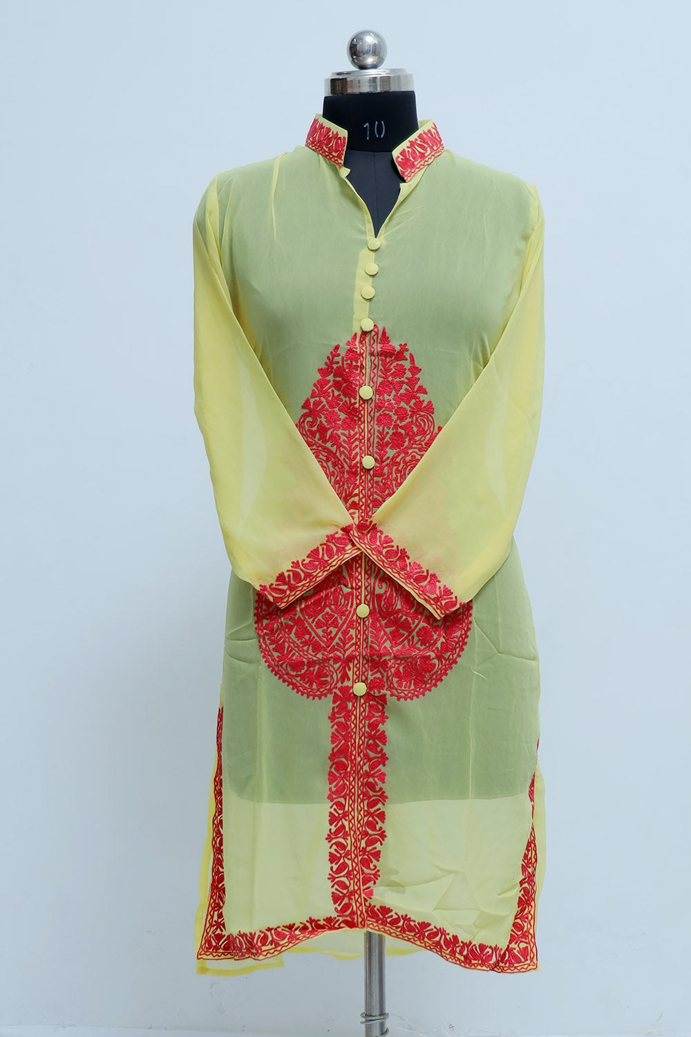Lemon Yellow Colour Georgette Kashmiri Aari Work Designer