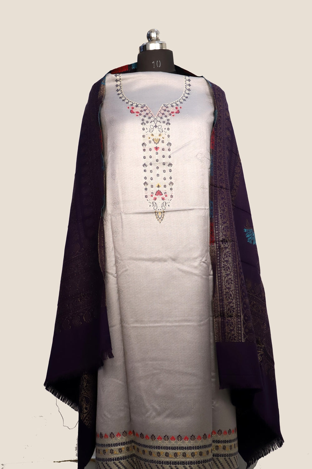 Ligh Grey Color Woolen Kashmiri Kani Work Unstitched Suit