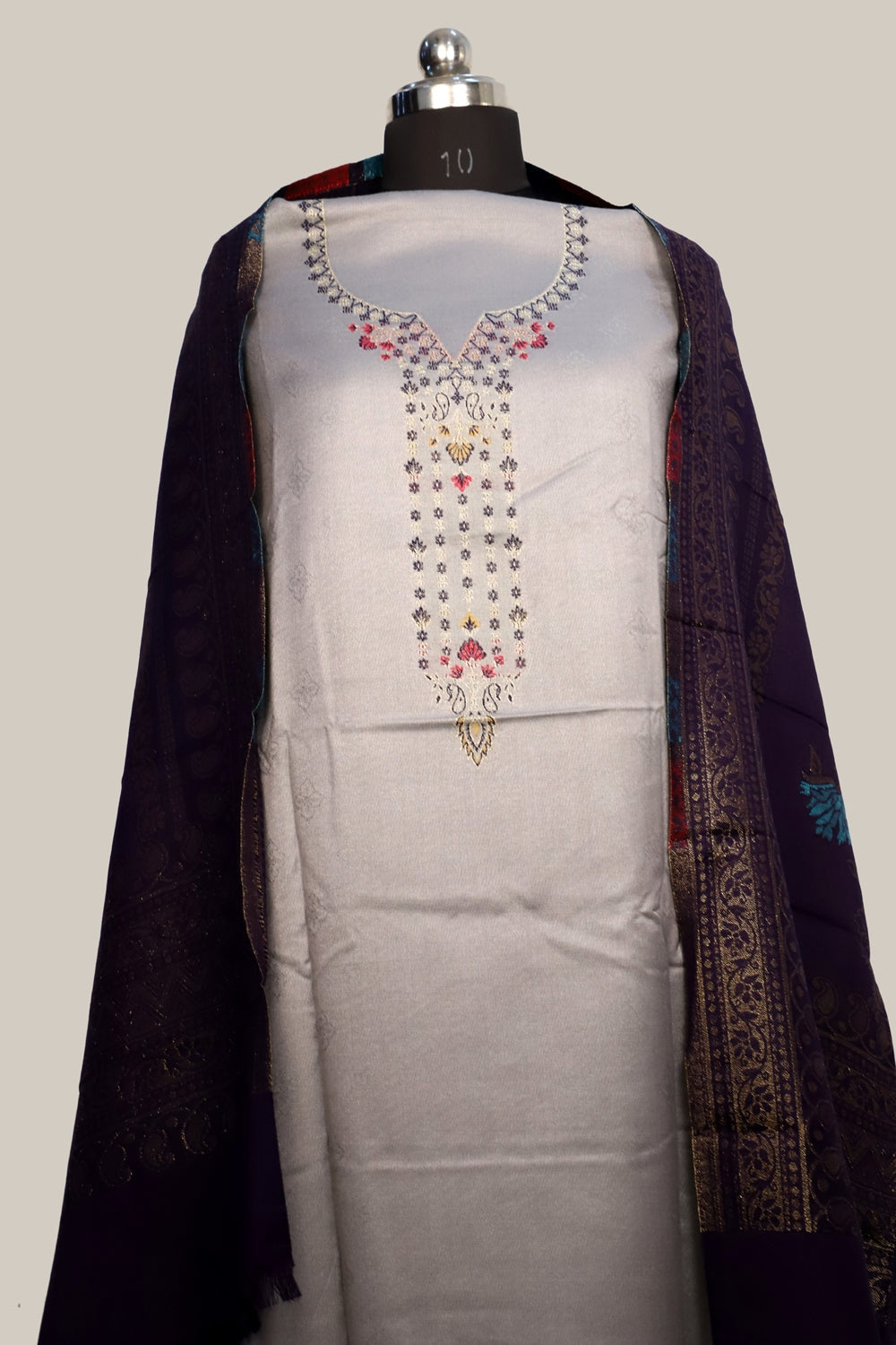 Ligh Grey Color Woolen Kashmiri Kani Work Unstitched Suit