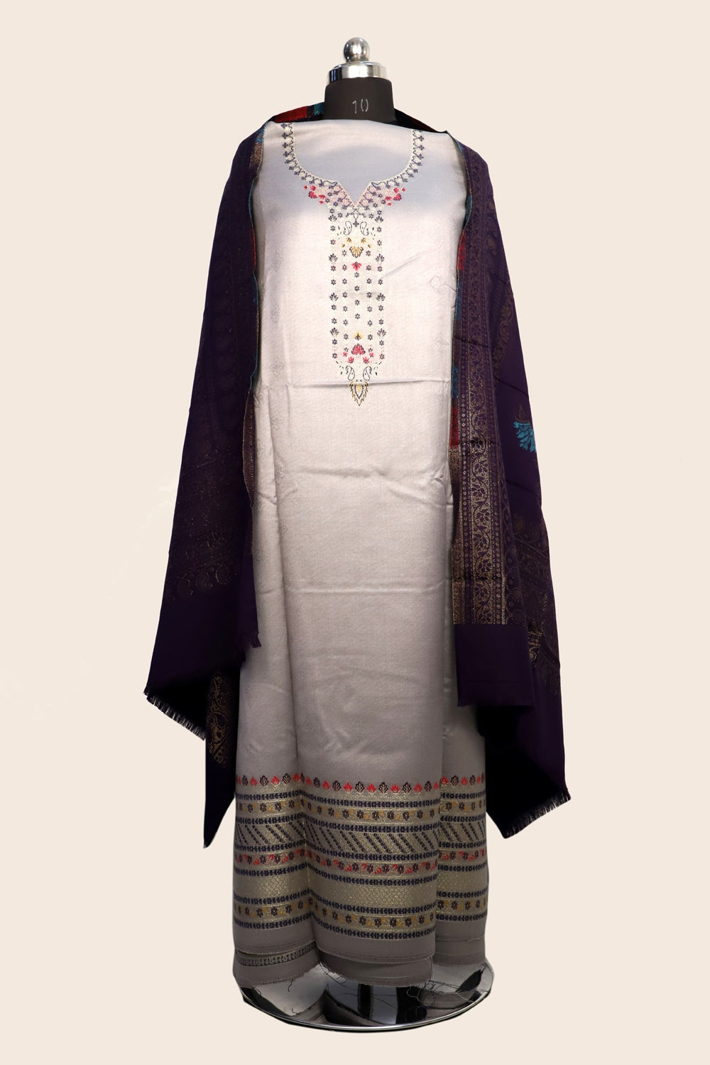 Ligh Grey Color Woolen Kashmiri Kani Work Unstitched Suit