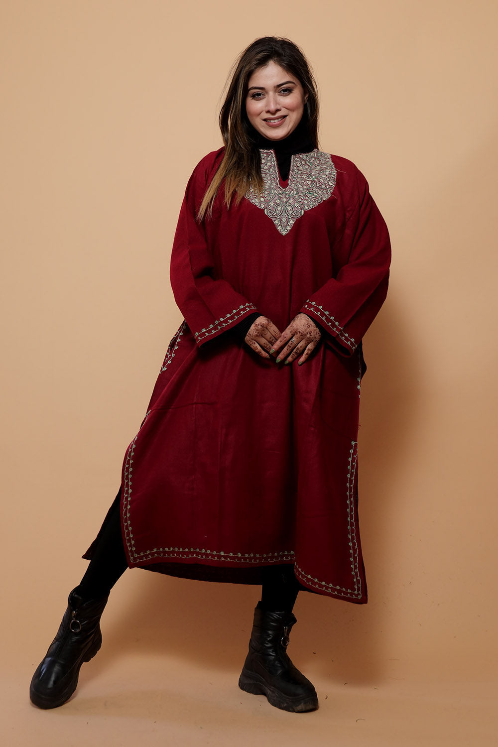 Maroon Color Kashmiri Work Embroidered Phiran Enriched