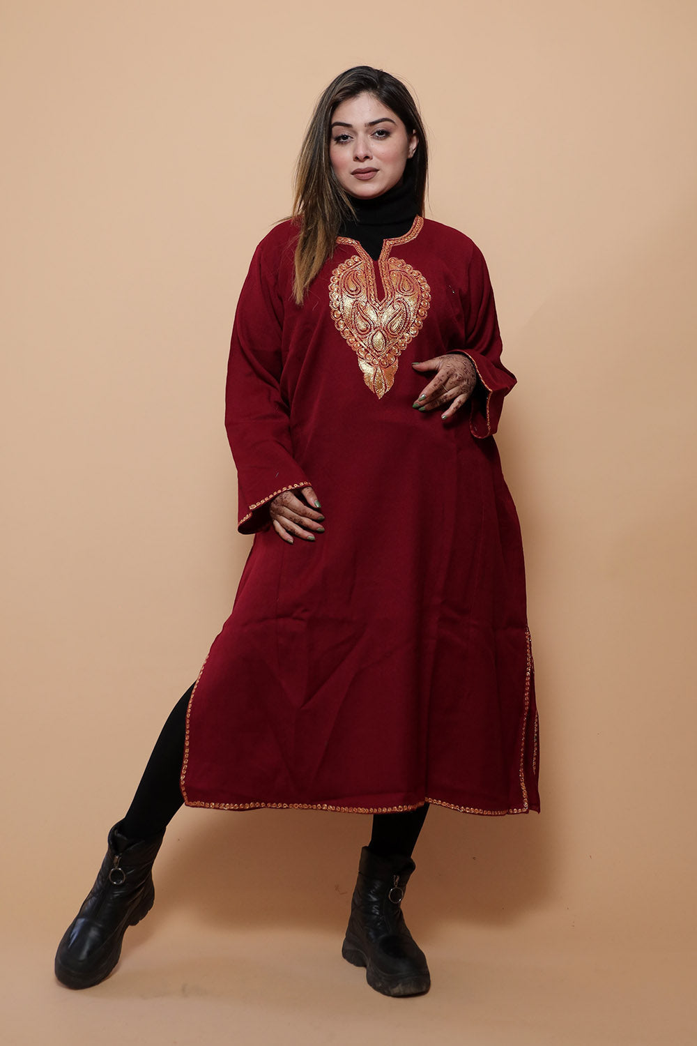 Maroon Color Kashmiri Work Embroidered Phiran Enriched
