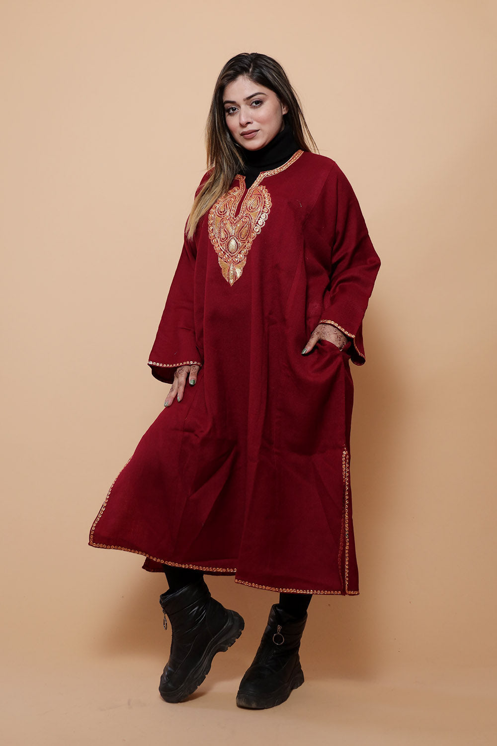 Maroon Color Kashmiri Work Embroidered Phiran Enriched