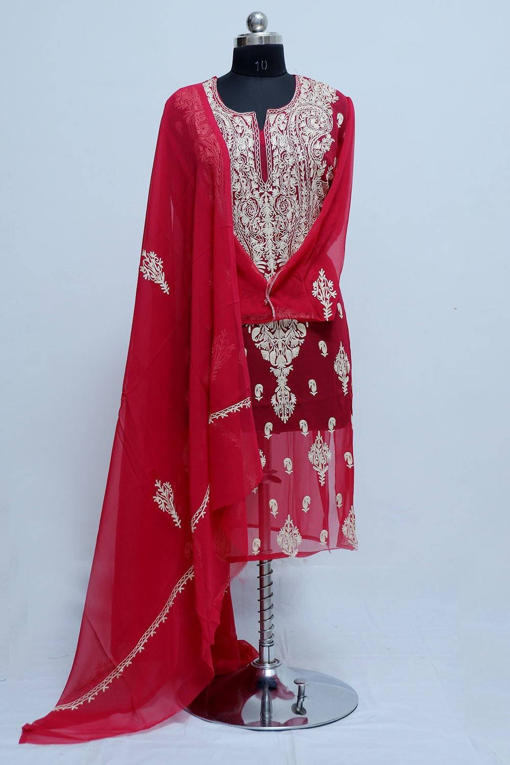 Red Colour Aari Work Kurti With Thread Embroidery Along