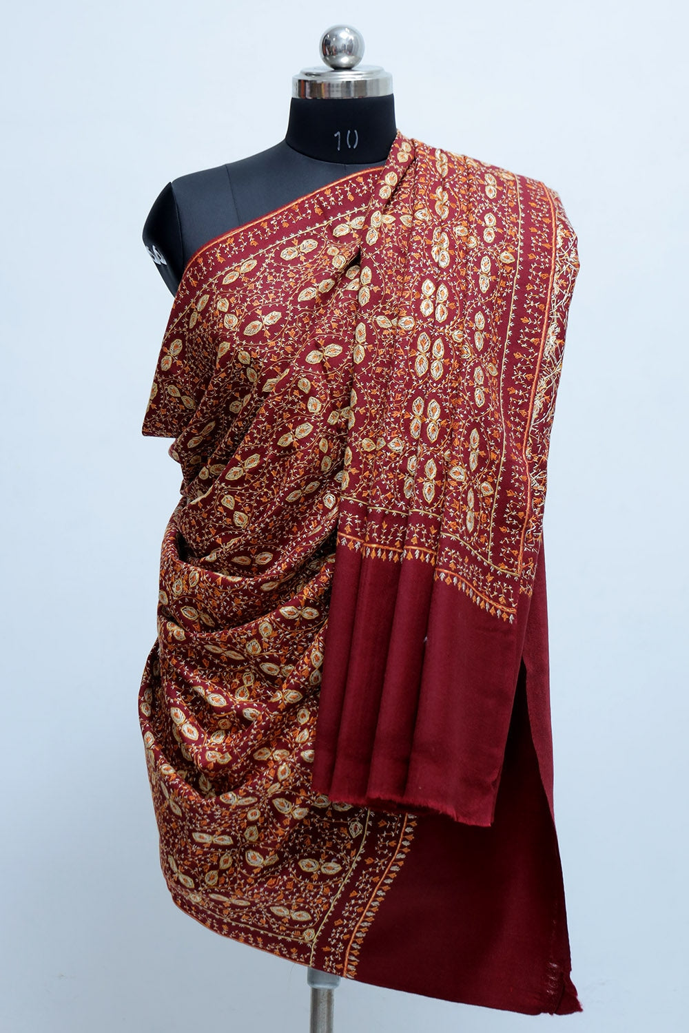 Maroon Colour Embroidered Sozni Woollen Shawl Enriched
