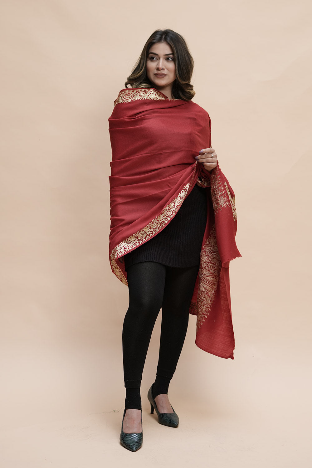Maroon Colour Semi Pashmina Shawl Enriched With Ethnic