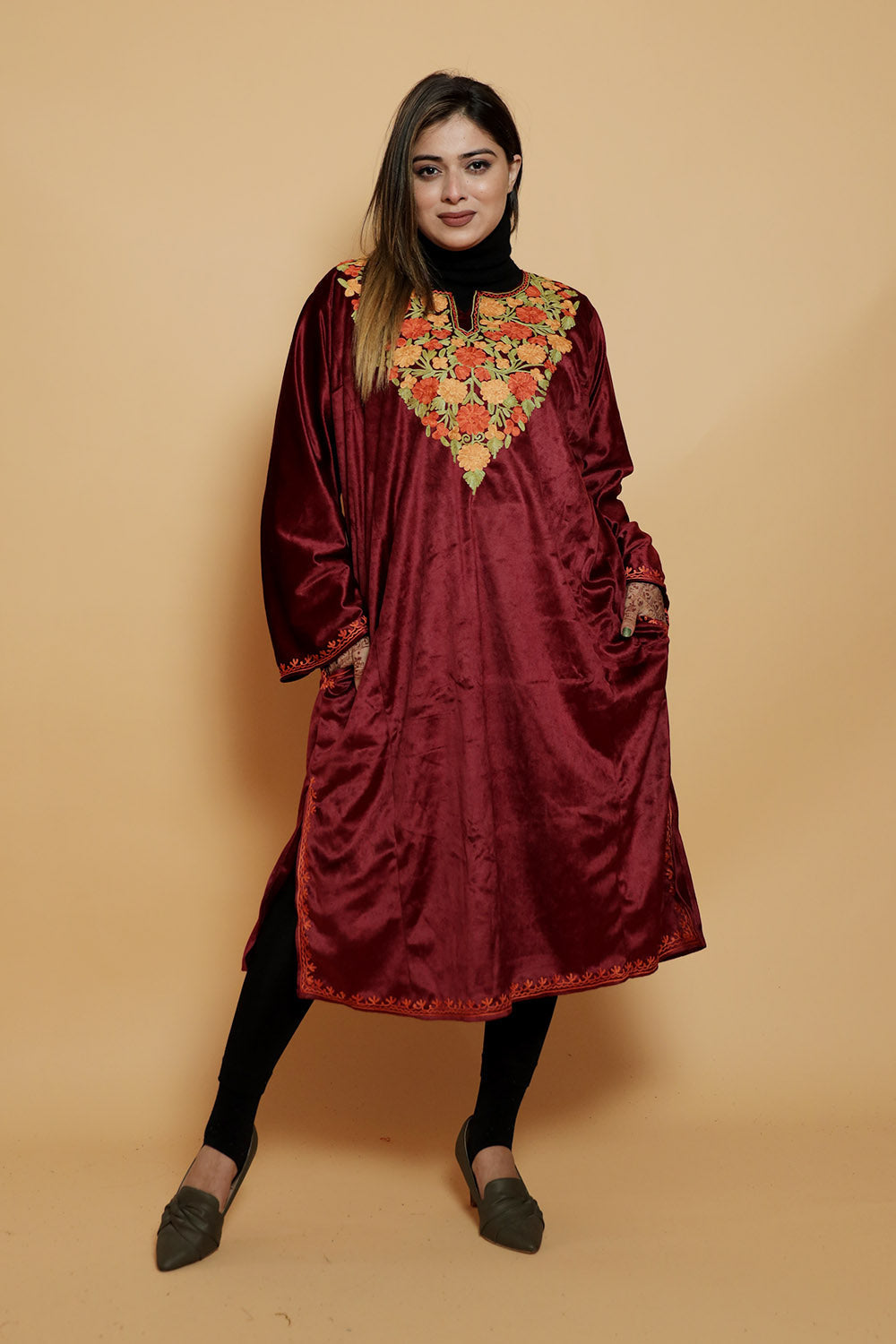 Maroon Colour Very Soft Warm And Elegant Suede Velvet Pheran