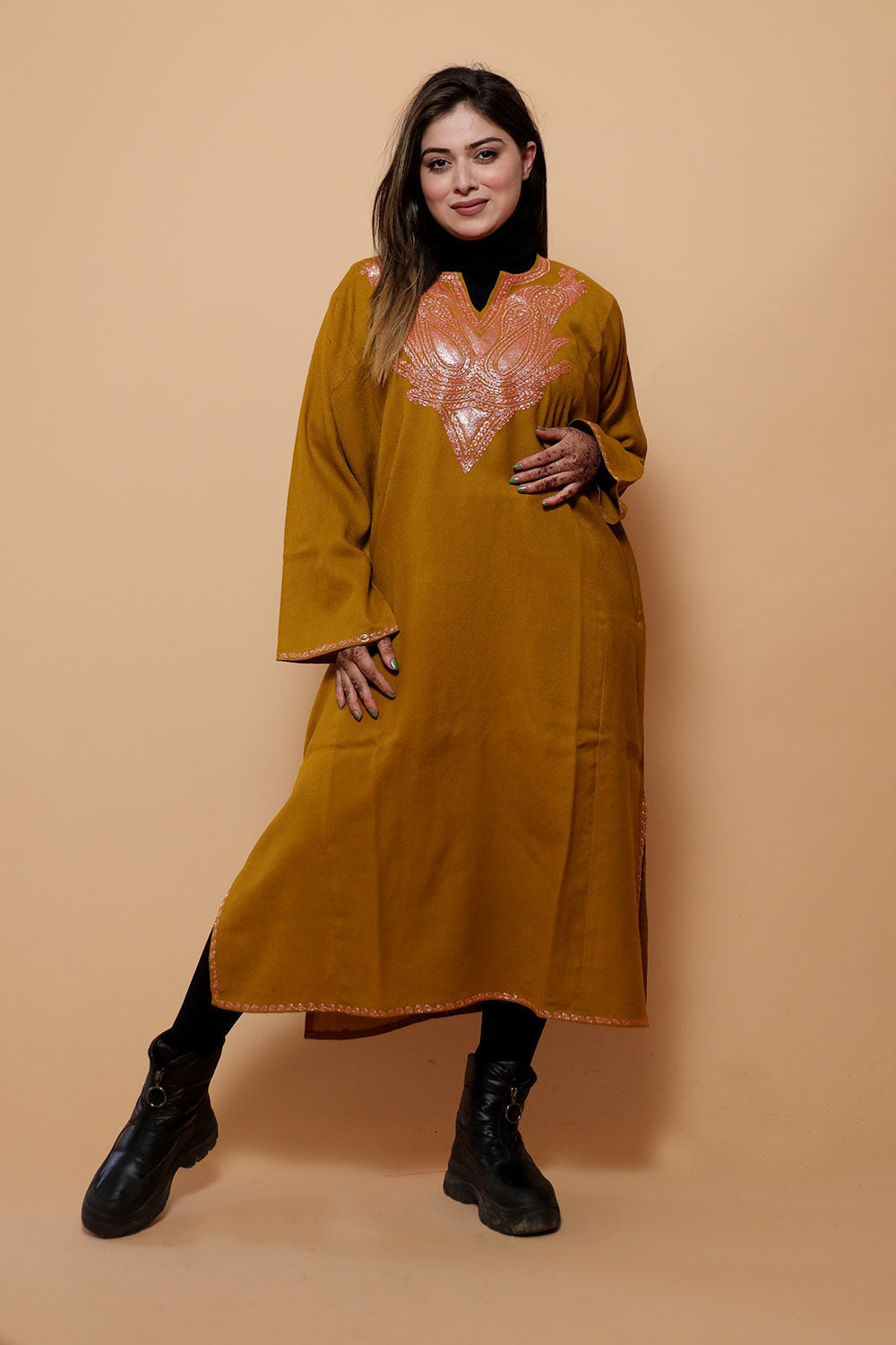 Mustard Color Kashmiri Work Embroidered Phiran Enriched
