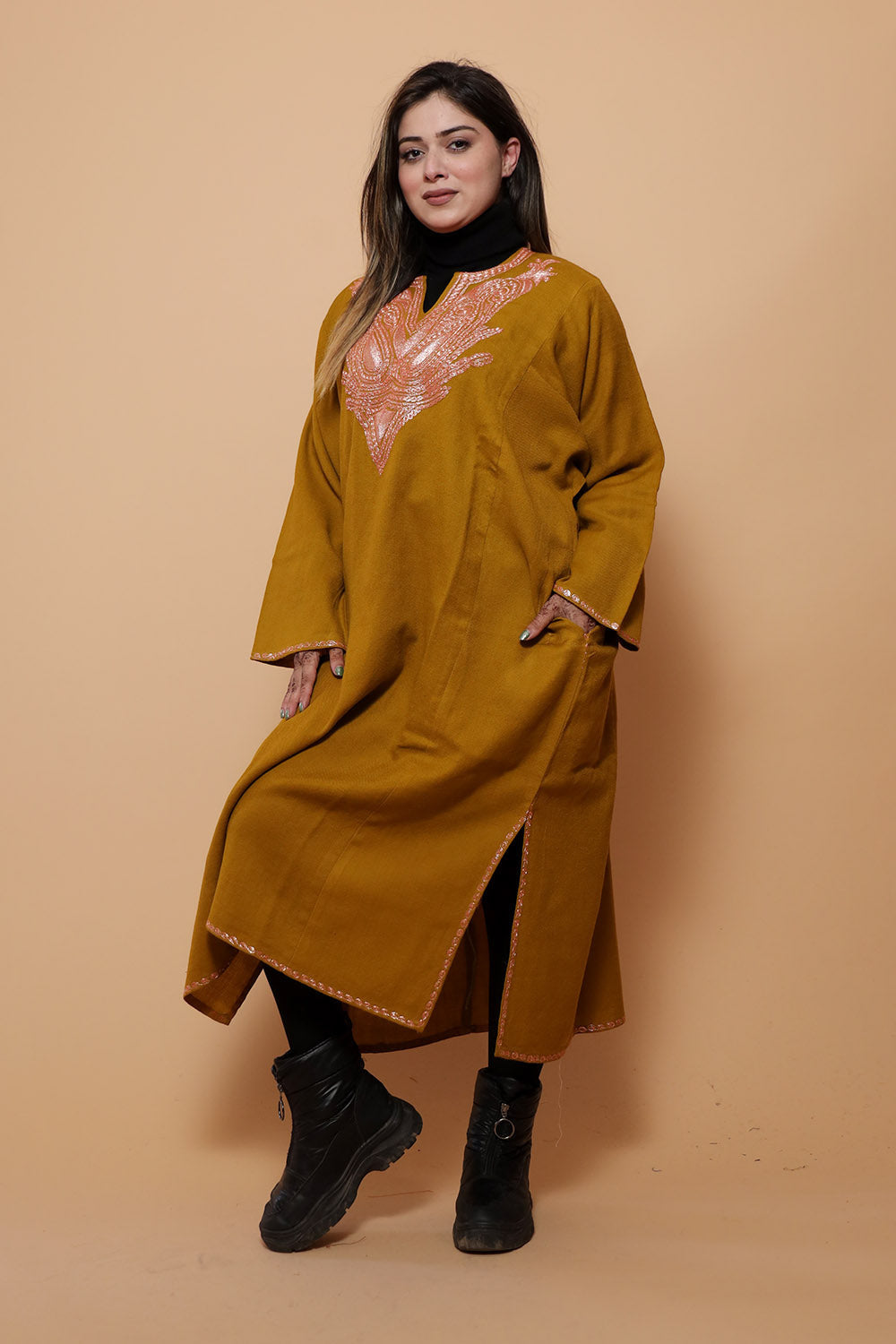 Mustard Color Kashmiri Work Embroidered Phiran Enriched