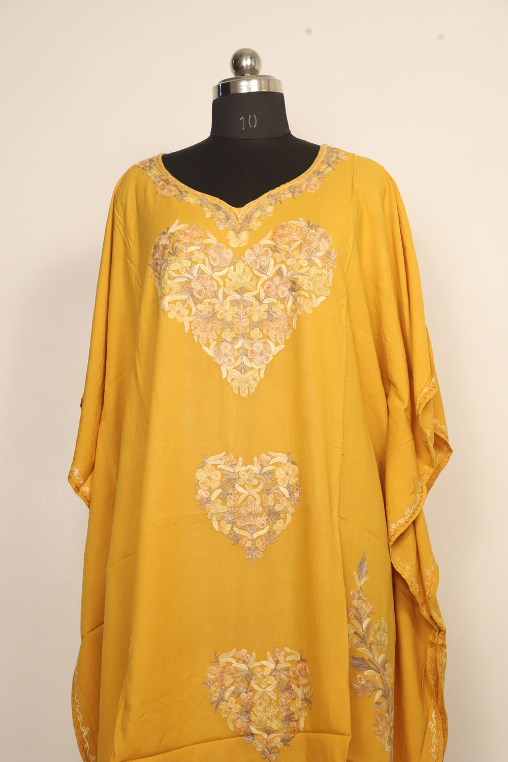 Mustard Colour Cotton Kashmiri Aari Work Designer Kaftan