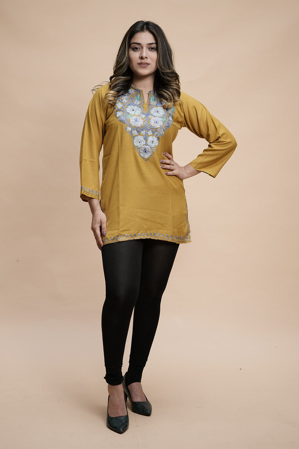 Mustard Cotton Aari Work Kurti With Multicoloured Designer