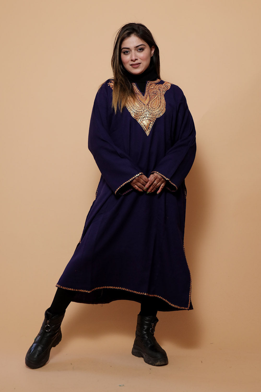 Navy Blue Color Kashmiri Work Embroidered Phiran Enriched