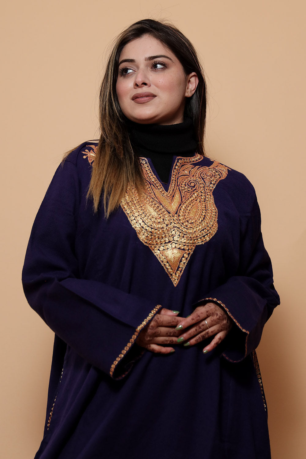 Navy Blue Color Kashmiri Work Embroidered Phiran Enriched