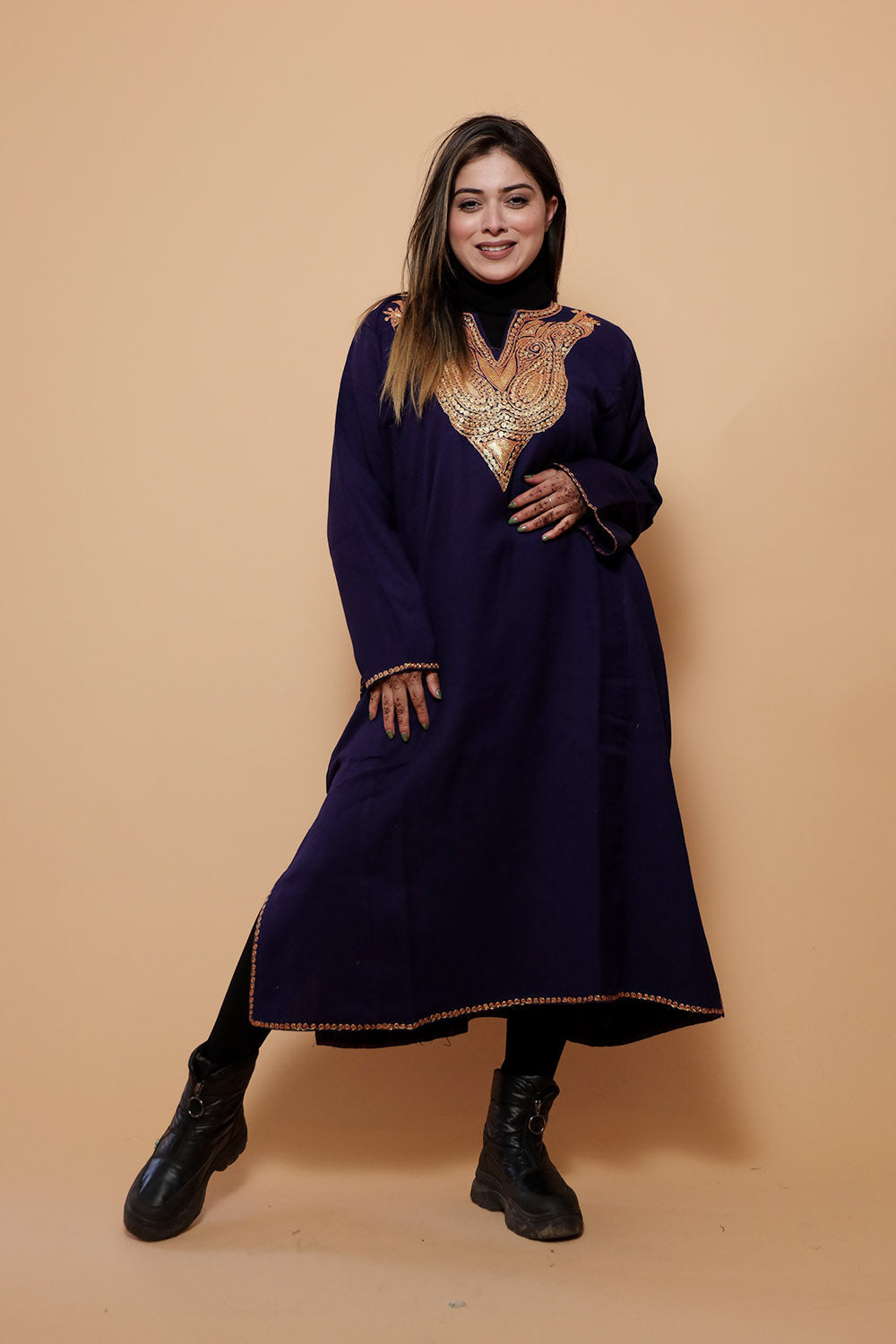 Navy Blue Color Kashmiri Work Embroidered Phiran Enriched